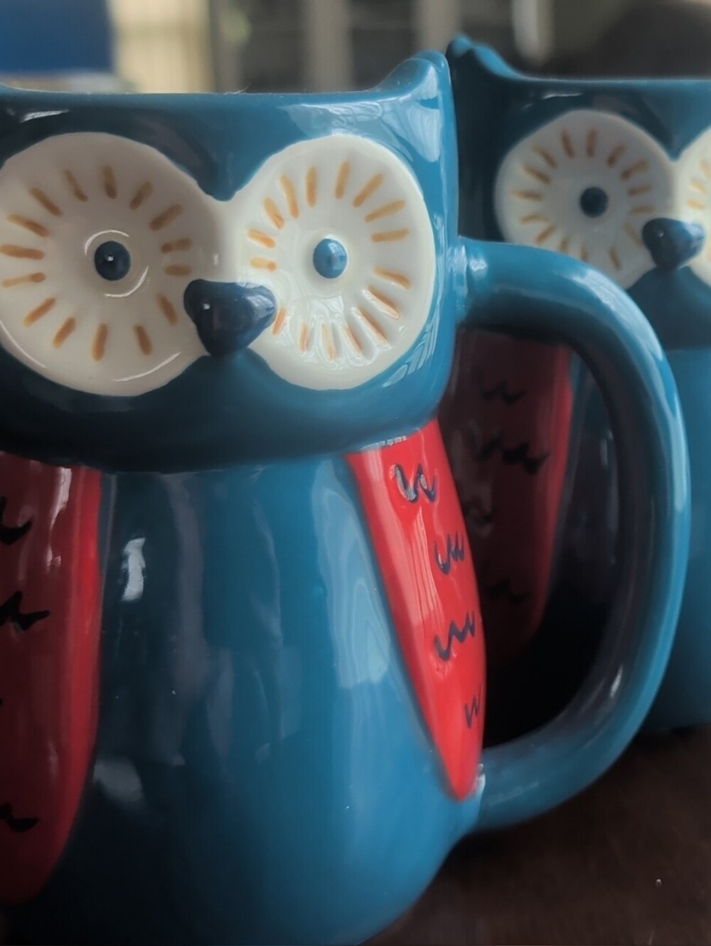 Blue and Red Ceramic Owl Mug - Double Owl Design